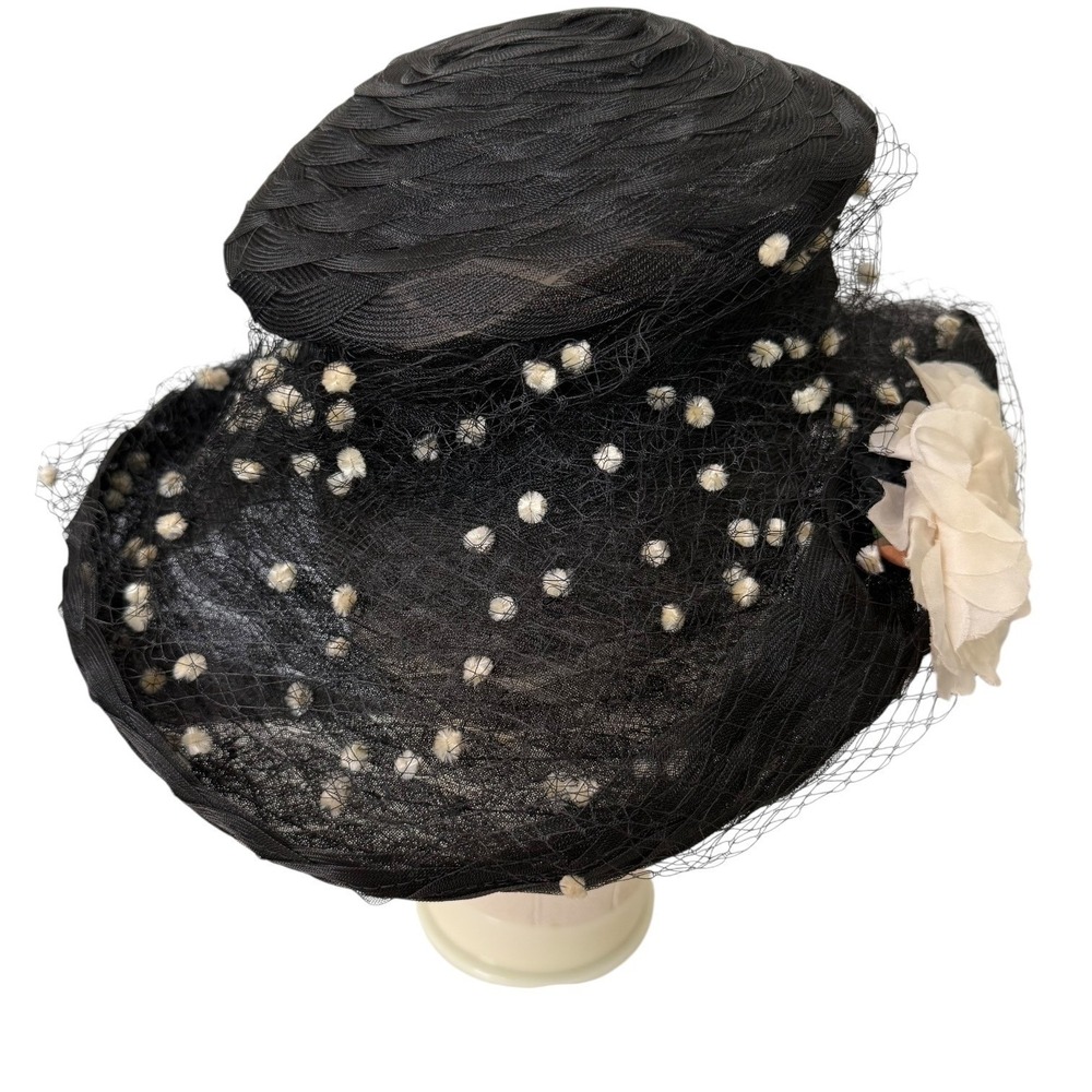 Vintage Eric Javits Black Mesh Birdcage Veil Hat with Cream Flower and Pom-Poms - Picture 7 of 8
